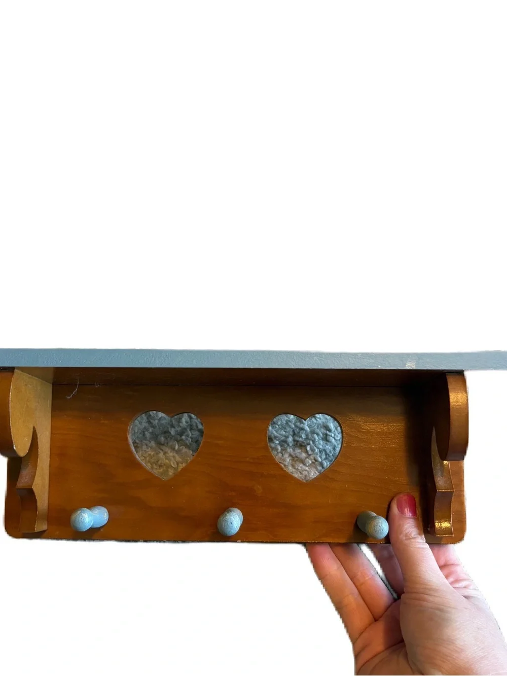 Vintage Heart Cut Out Knick Knack Wooden Shelf Peg Hanging Blue Brown